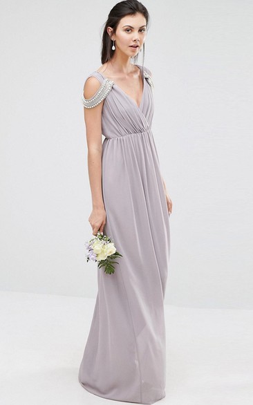 Sheath Beaded V-Neck Chiffon Bridesmaid Dress With Criss Cross