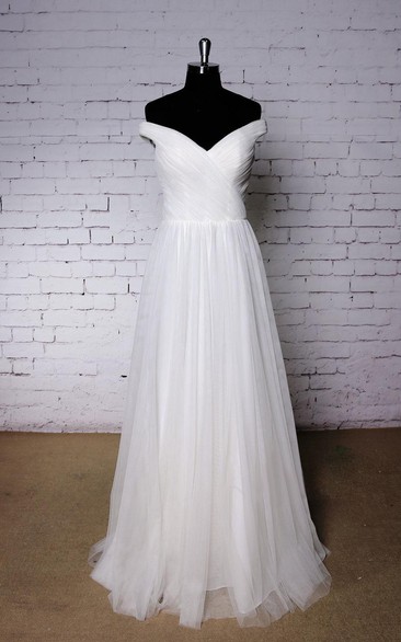 Off-The-Shoulder V-Neck A-Line Pleated Tulle Dress With Crisscross Bodice