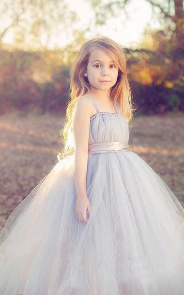 Flower Girl Spaghetti Straps Empire Tulle Ball Gown With Satin Sash