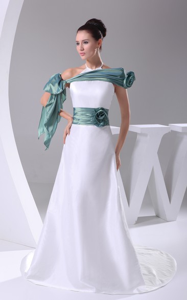 Sleeveless Maxi A-Line Dress With Flower and Court Train