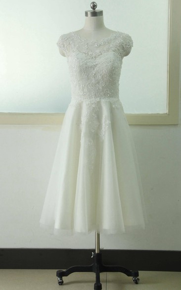 A-Line Knee-Length Cap Beading Flower Zipper Corset Back Chiffon Tulle Lace Sequins Satin Dress