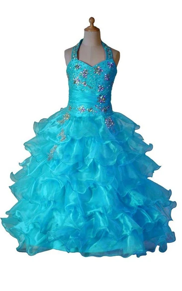 Sassy Halter Neck Ruffled Organza Dress With Beading