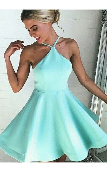 A-line Sleeveless Satin Halter Short Mini Homecoming Dress