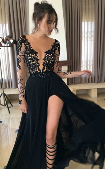 Illusion Sleeve Deep V Neck A-line Chiffon Gown With Slip Front