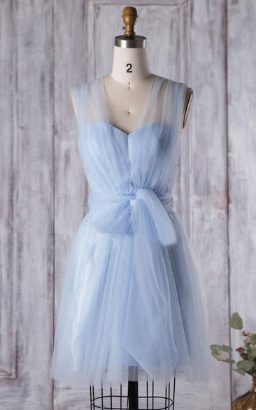 Sweet A-line Tulle Knee Length Dress With Straps and Sash