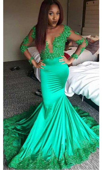 Mermaid Trumpet Satin Lace V-neck Long Sleeve Zipper Illusion Dress