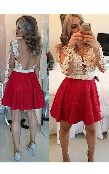 Short Mini Long Sleeve Beading Lace Keyhole Back Dress