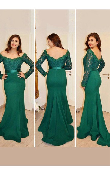 Mermaid Trumpet Satin Lace Off-the-shoulder Long Sleeve Zipper Low-V Back Dress