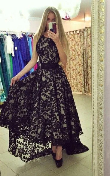 Modern Jewel Sleeveless Lace Prom Dress Sweep Train