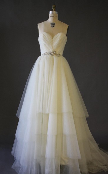 Sweetheart A-Line Tiered Tulle Dress With Beaded Waist and Ruching