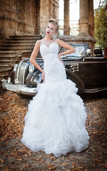 Mermaid Long Scoop Sleeveless Illusion Organza Dress With Beading And Ruffles