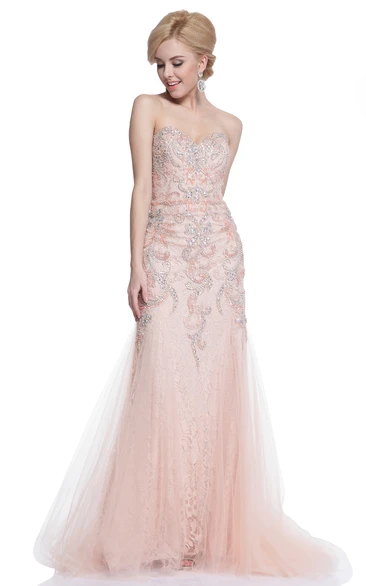 Sheath Sweetheart Sleeveless Tulle Lace Dress With Beading