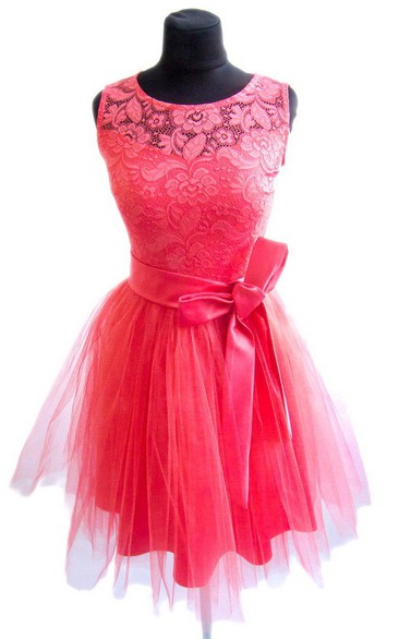 Mini Tulle And Lace Dress With Satin Belt