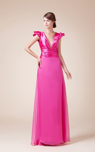Plunged Chiffon Caped-Sleeve Dress With Ruched Waist