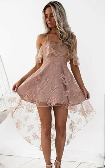 A-line Sleeveless Lace Spaghetti Cross Back High-low Homecoming Dress