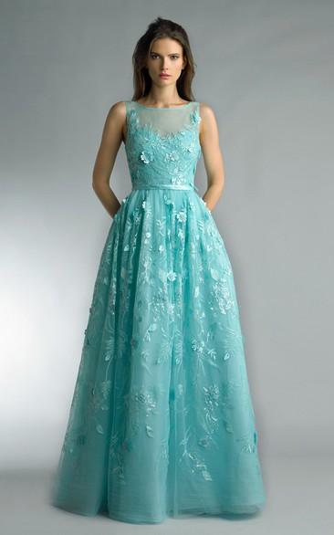 A-line Floor-length Jewel Sleeveless Tulle Illusion Dress