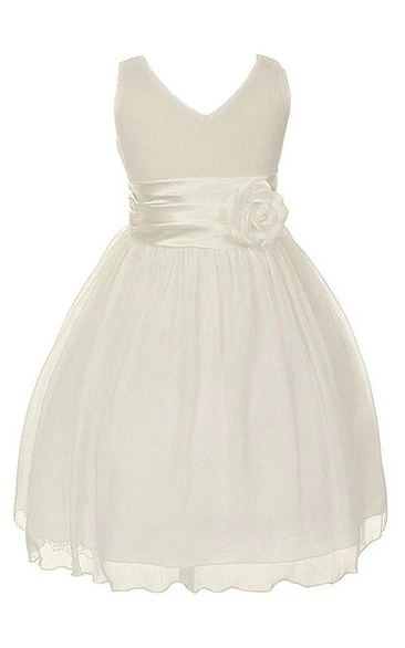 Sleeveless V-neck A-line Tulle Dress With Flower