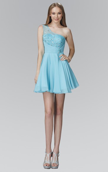 A-Line Mini One-Shoulder Sleeveless Chiffon Dress With Beading And Pleats