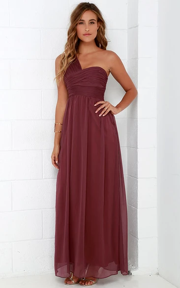 Long One-Shoulder Chiffon Unique Dress With Ruching