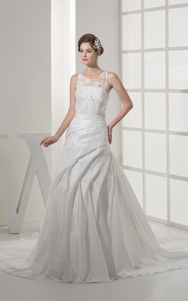 Floral A-Line Appliqued Sleeveless Illusion Neckline and Gown With Draping