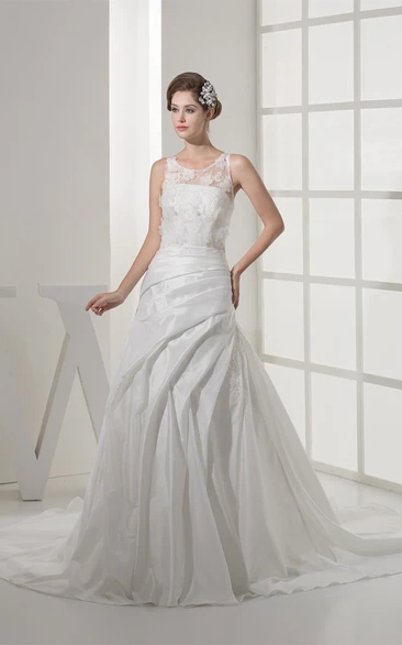Floral A-Line Appliqued Sleeveless Illusion Neckline and Gown With Draping
