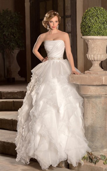 A-Line Long Strapless Sleeveless Zipper Organza Dress With Ruching And Beading