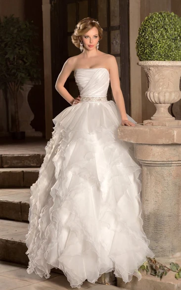 A-Line Long Strapless Sleeveless Zipper Organza Dress With Ruching And Beading