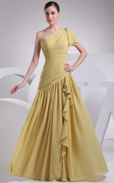 Ruched One Shoulder Sleeveless A-Line Gown With Pleats and Ruffles