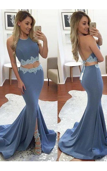 Mermaid Trumpet Satin Lace Halter Sleeveless Open Back Dress