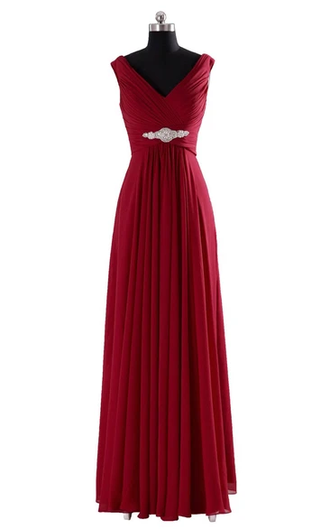 V-neckline Pleated Long Dress With Ruching and Beading