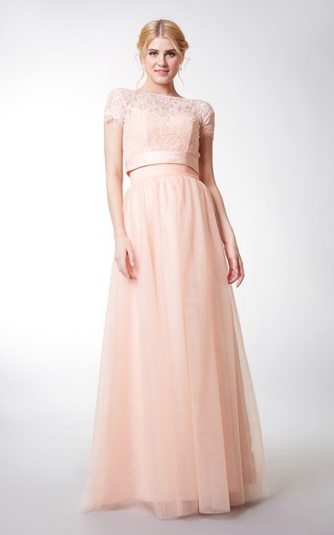 Short Sleeve Bateau Neck Long Tulle Dress With Satin Sash