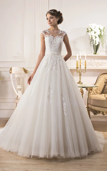 A-Line Floor-Length Jewel Cap-Sleeve Illusion Tulle Dress With Appliques And Pleats