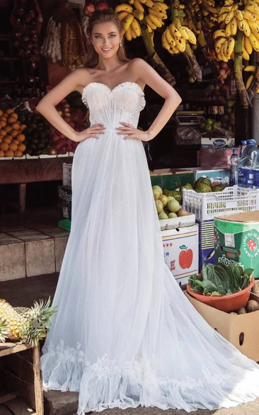 Beautiful Sweetheart A Line Lace and Tulle Sweep Train Wedding Dress with Appliques