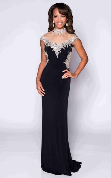 High Neck Cap Sleeve Keyhole Back Jersey Prom Dress With Shining Top