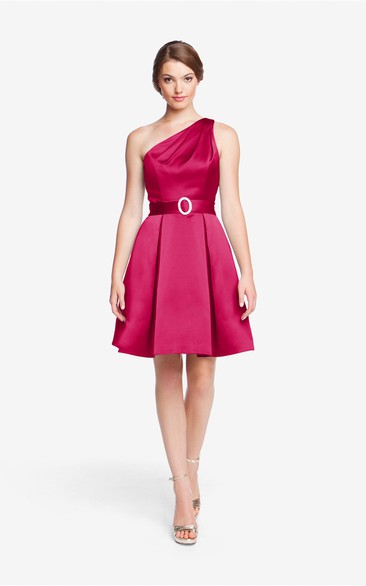 Chi One-Shoulder Short Satin Dress With Pleats