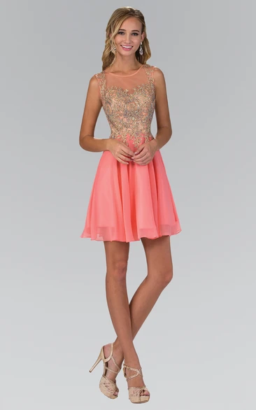 A-Line Short Scoop-Neck Sleeveless Chiffon Illusion Dress With Beading And Pleats