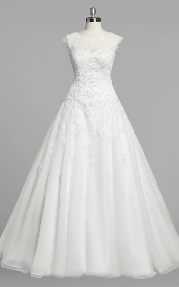 Jewel Neck Cap Sleeve A-Line Organza Wedding Dress With Lace Bodice