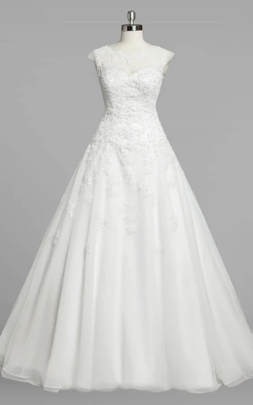 Jewel Neck Cap Sleeve A-Line Organza Wedding Dress With Lace Bodice