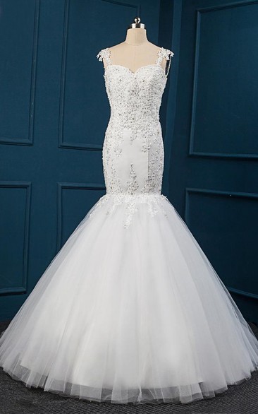 Trumpet Sweetheart Sleeveless Beading Tulle Lace Dress