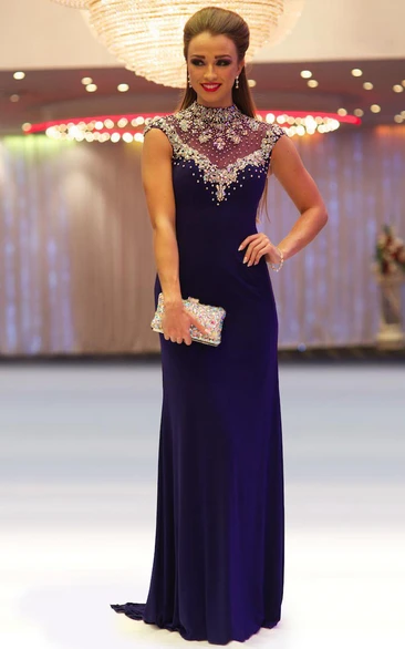 Sheath Beaded Floor-Length High-Neck Cap-Sleeve Jersey Prom Dress