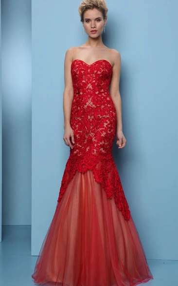 Mermaid Floor-Length Appliqued Sweetheart Sleeveless Tulle Prom Dress