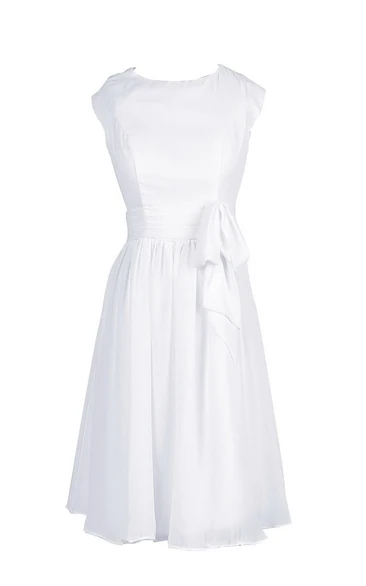 Short Sleeve Knee-length Chiffon Dress With Bowknot