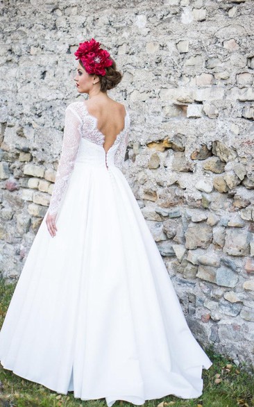 Long Sleeve A-Line Satin Dress With Lace Bodice and Low-V Back