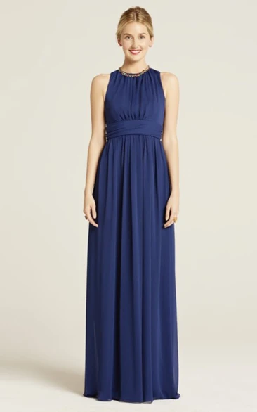 Impressive Long-Chiffon Sleeveless Jewel-Neck Dress