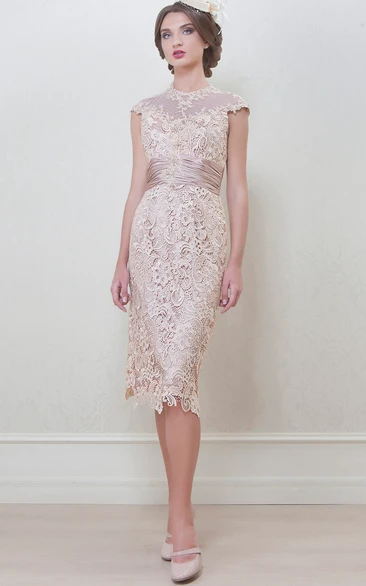 Pencil Knee-Length High Neck Appliqued Cap Sleeve Lace Mother Of The Bride Dress