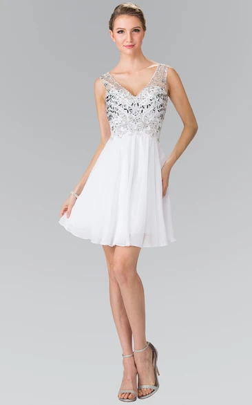 A-Line Short V-Neck Empire Chiffon Low-V Back Dress With Beading And Pleats