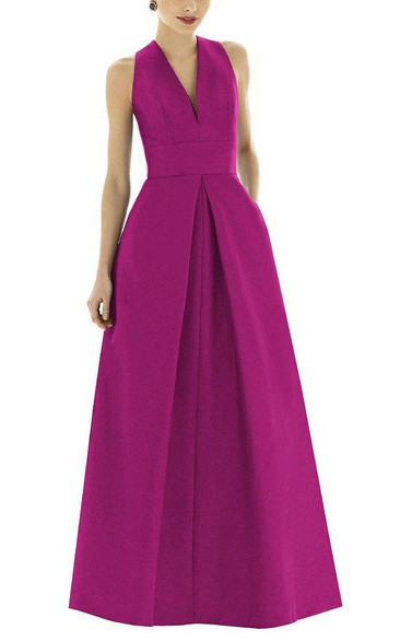 V-neck Satin Long Bridesmaid Dress with Pockets