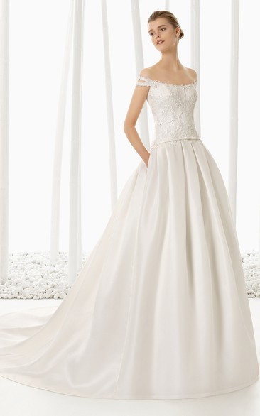 Dropped-Wasitline Double Off Strapped Gown With Lacy Bodice