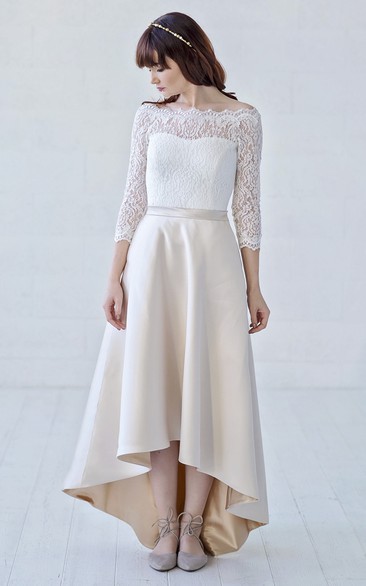 3/4 Illusion Sleeve High-low Off-the-shoulder Lace And Satin With Button Back Wedding Dress