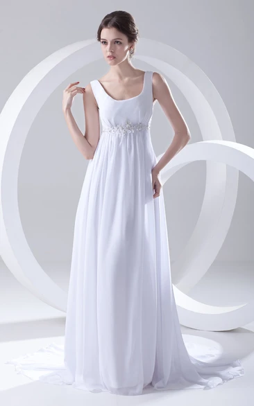 Square-Neck Empire Chiffon Dress With Beaded Sash